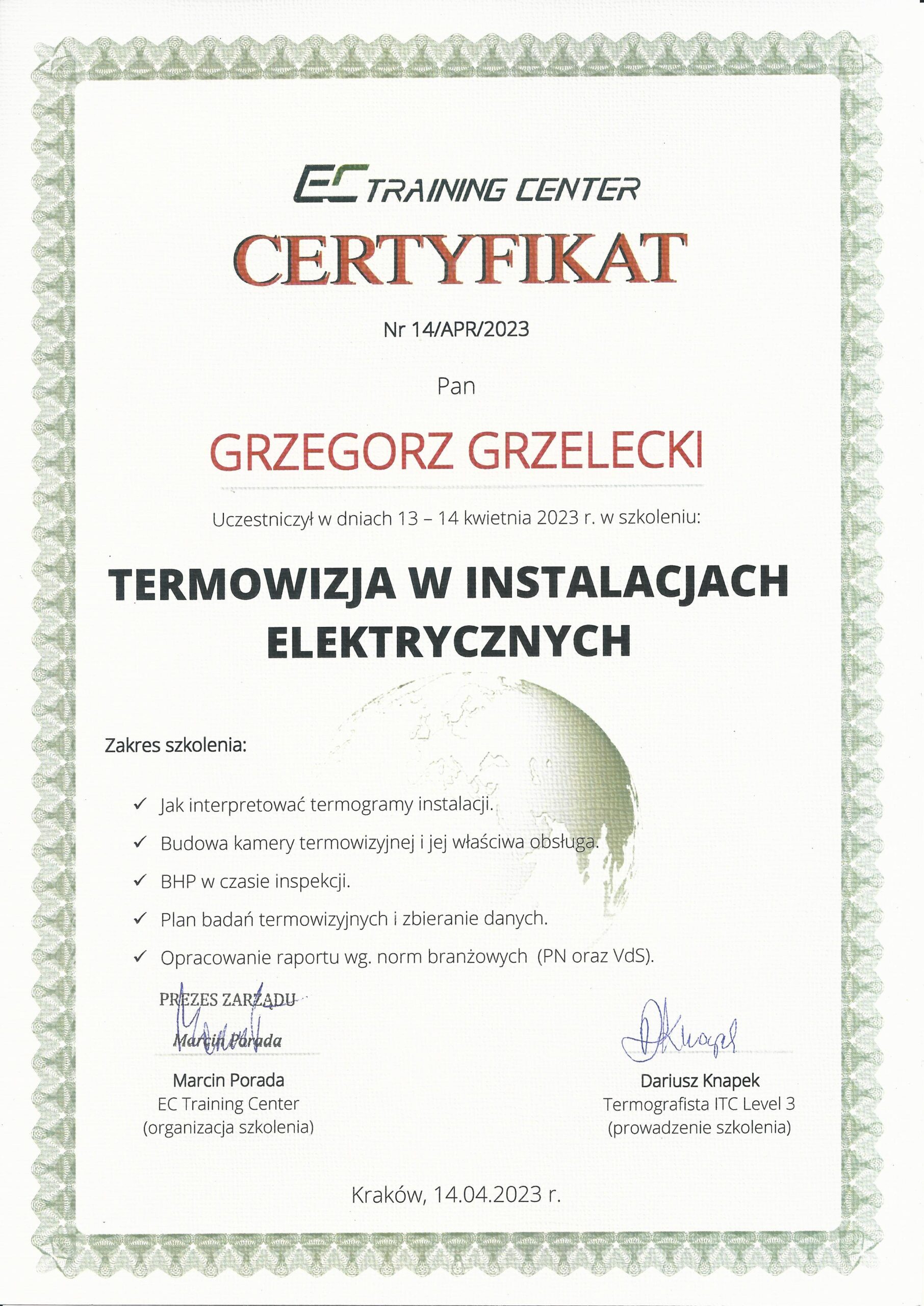 termowizja w instalacjach elektrycznych certyfikat